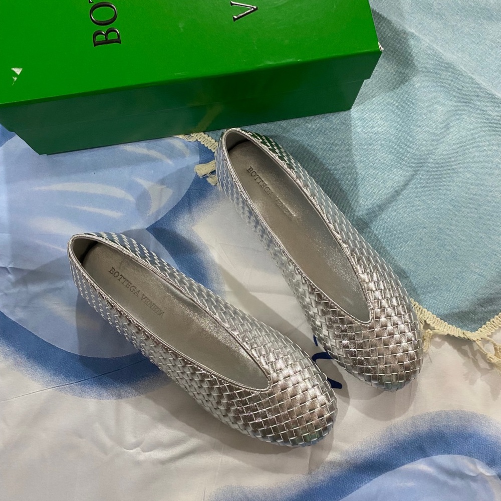 Bottega Veneta Silver Woven Leather Ballet Flats